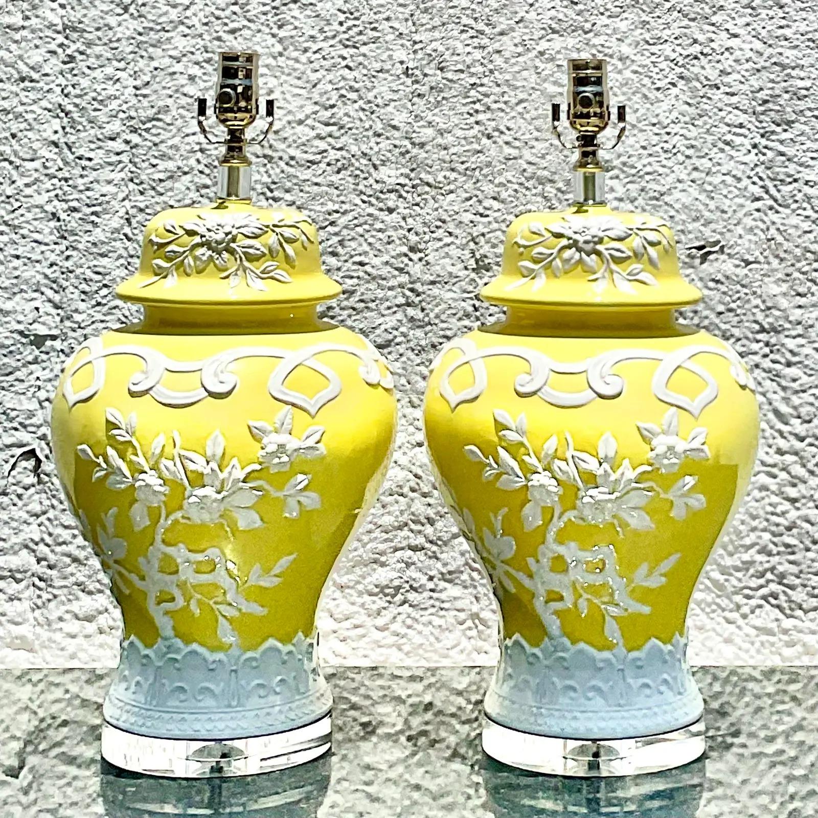 20th Century Vintage Coastal Glazed Ceramic Frosting Table Lamps, a Pair
