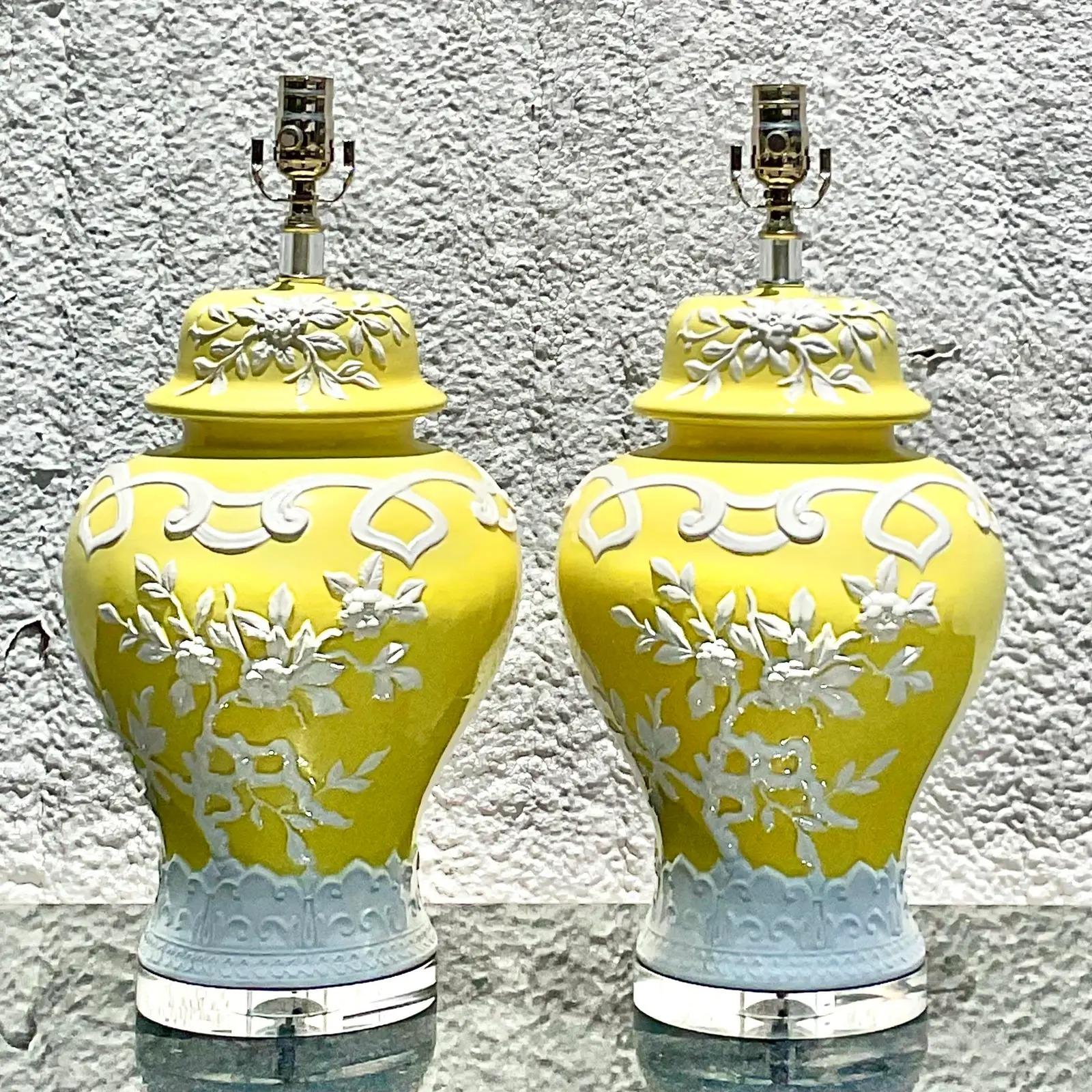 Vintage Coastal Glazed Ceramic Frosting Table Lamps, a Pair 1