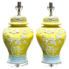 Vintage Coastal Glazed Ceramic Frosting Table Lamps, a Pair