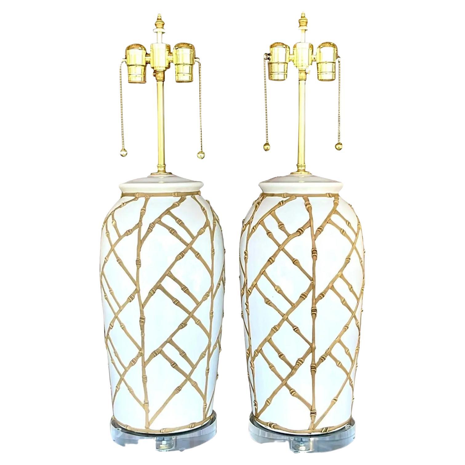 Vintage Contemporary Glazed Ceramic Trellis Lamps a Pair For Sale at