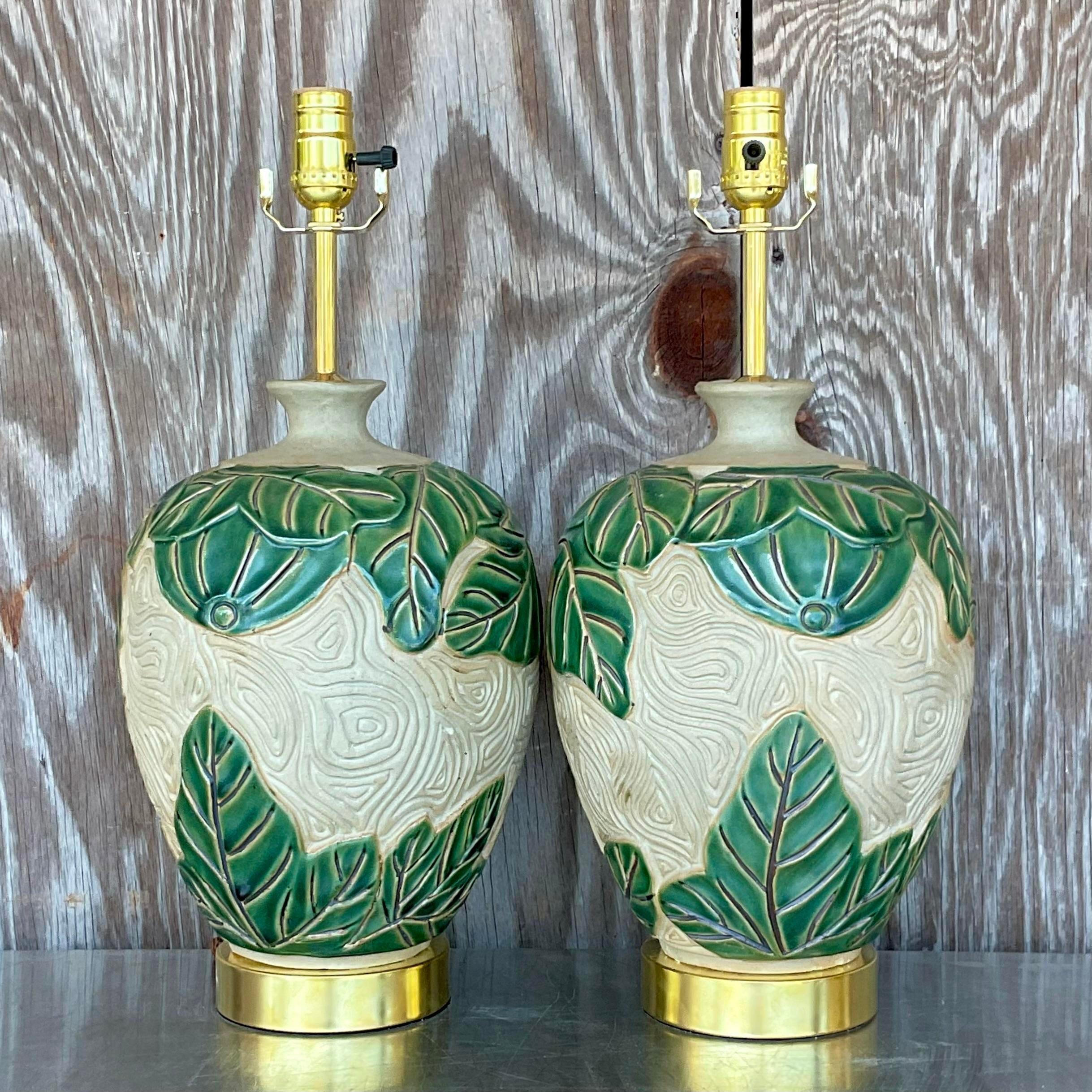 Vintage Coastal Glazed Ceramic Green Leaf Lamps - a Pair In Good Condition In west palm beach, FL