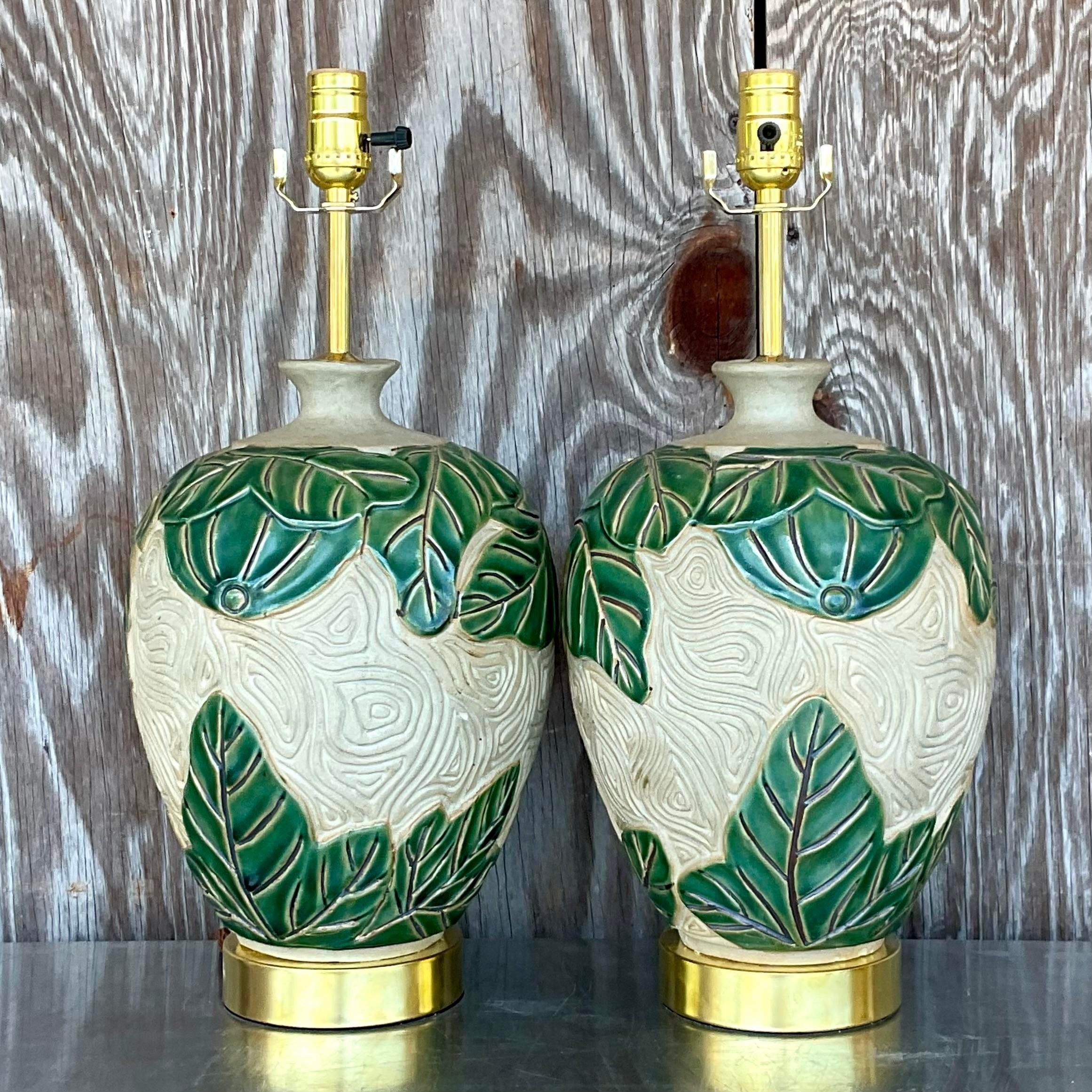 20th Century Vintage Coastal Glazed Ceramic Green Leaf Lamps - a Pair