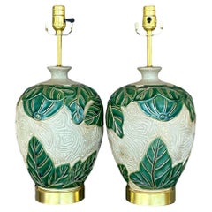 Vintage Coastal Glazed Ceramic Green Leaf Lamps - a Pair