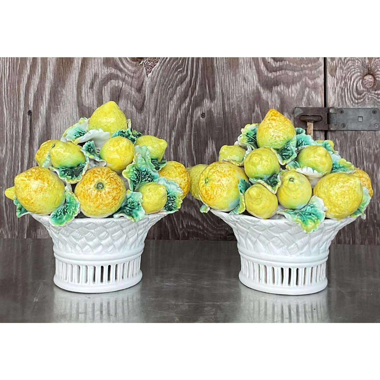Vintage Coastal Glazed Ceramic Lemon Pots - a Pair In Good Condition In west palm beach, FL