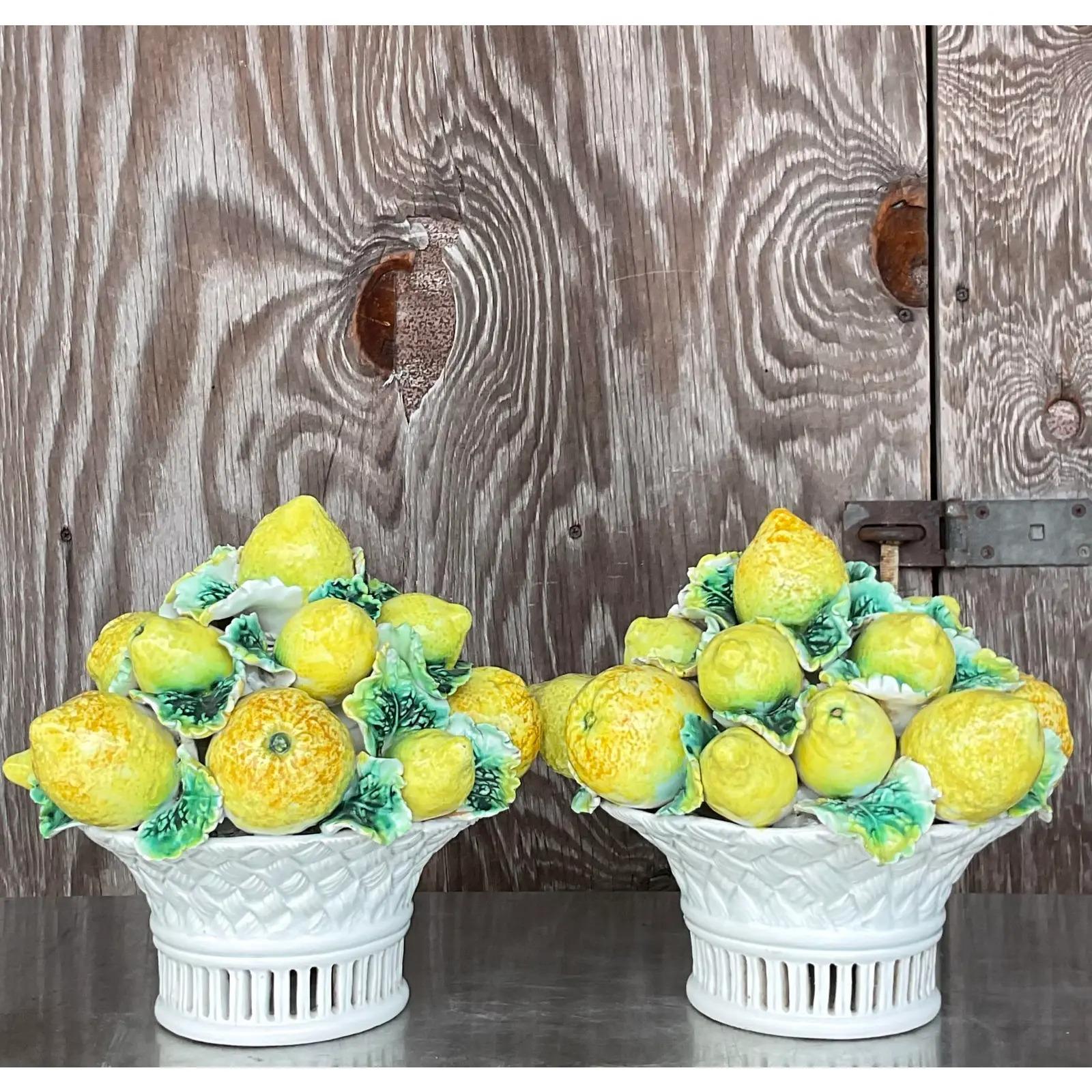 Vintage Coastal Glazed Ceramic Lemon Pots - a Pair 1