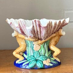 Vintage Coastal Glazed Ceramic Monkey Centerpiece Bowl
