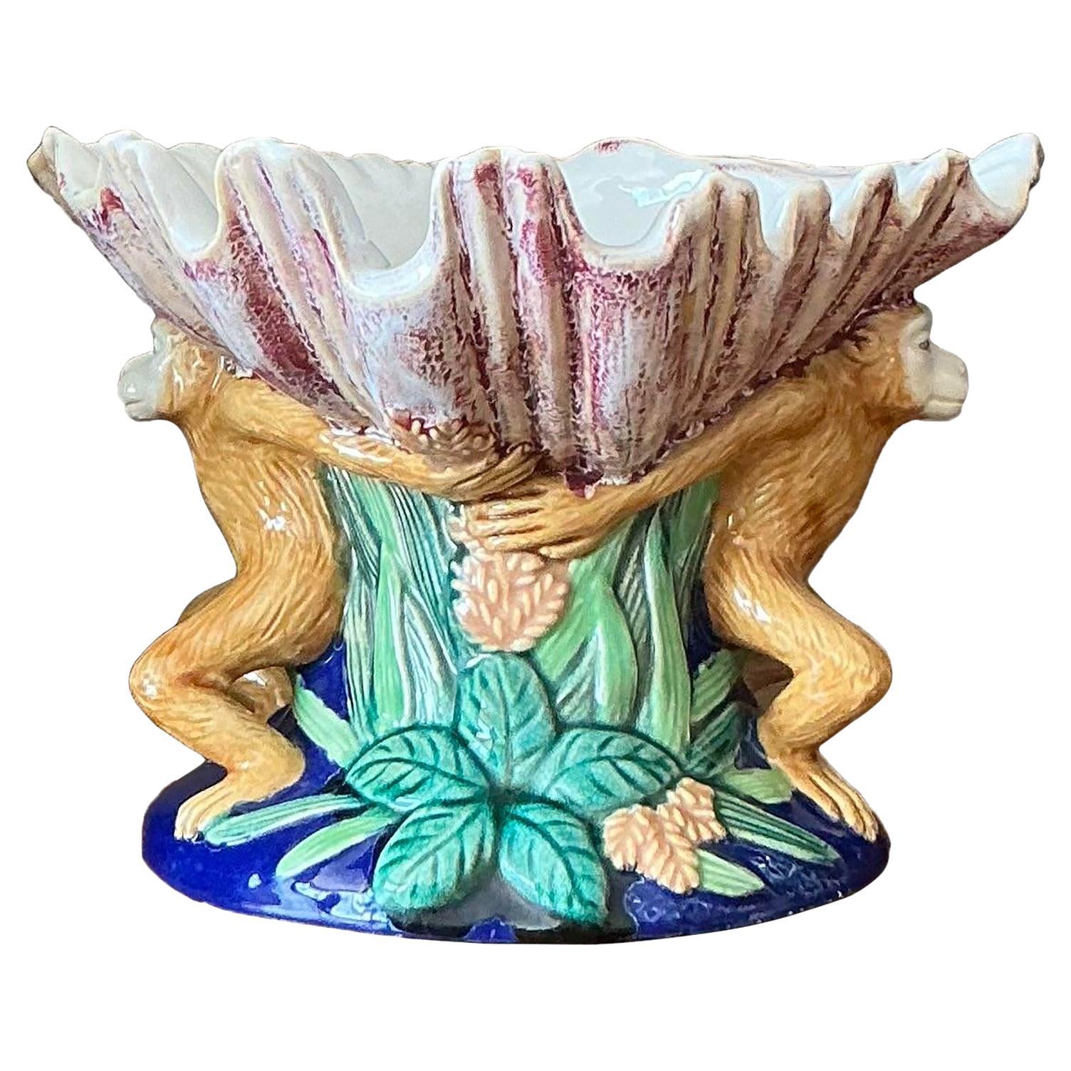 Ciotola centrotavola a forma di scimmia in ceramica smaltata Coastal Vintage
