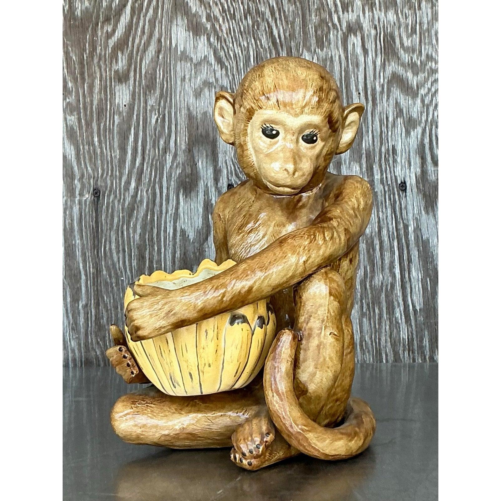 Americano Vintage Coastal Glazed Ceramic Monkey in vendita