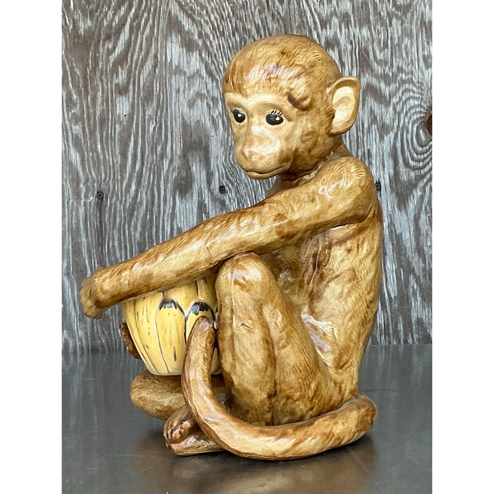Vintage Coastal Glazed Ceramic Monkey in vendita 1