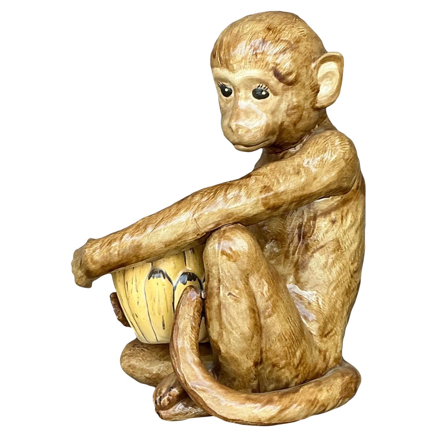 Vintage Coastal Glazed Ceramic Monkey