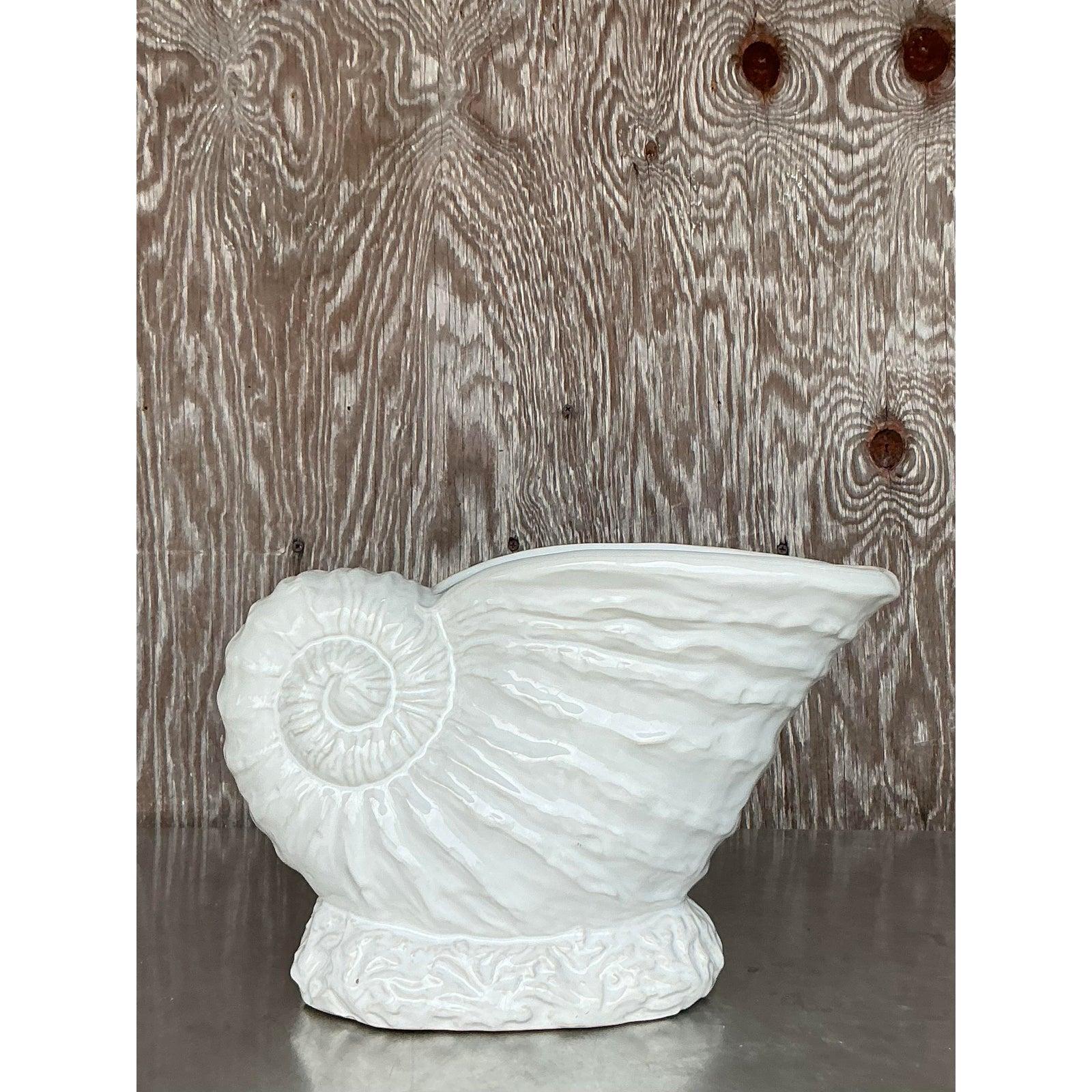 Vintage Coastal Glazed Ceramic Nautilus Shell Planter For Sale at 1stDibs