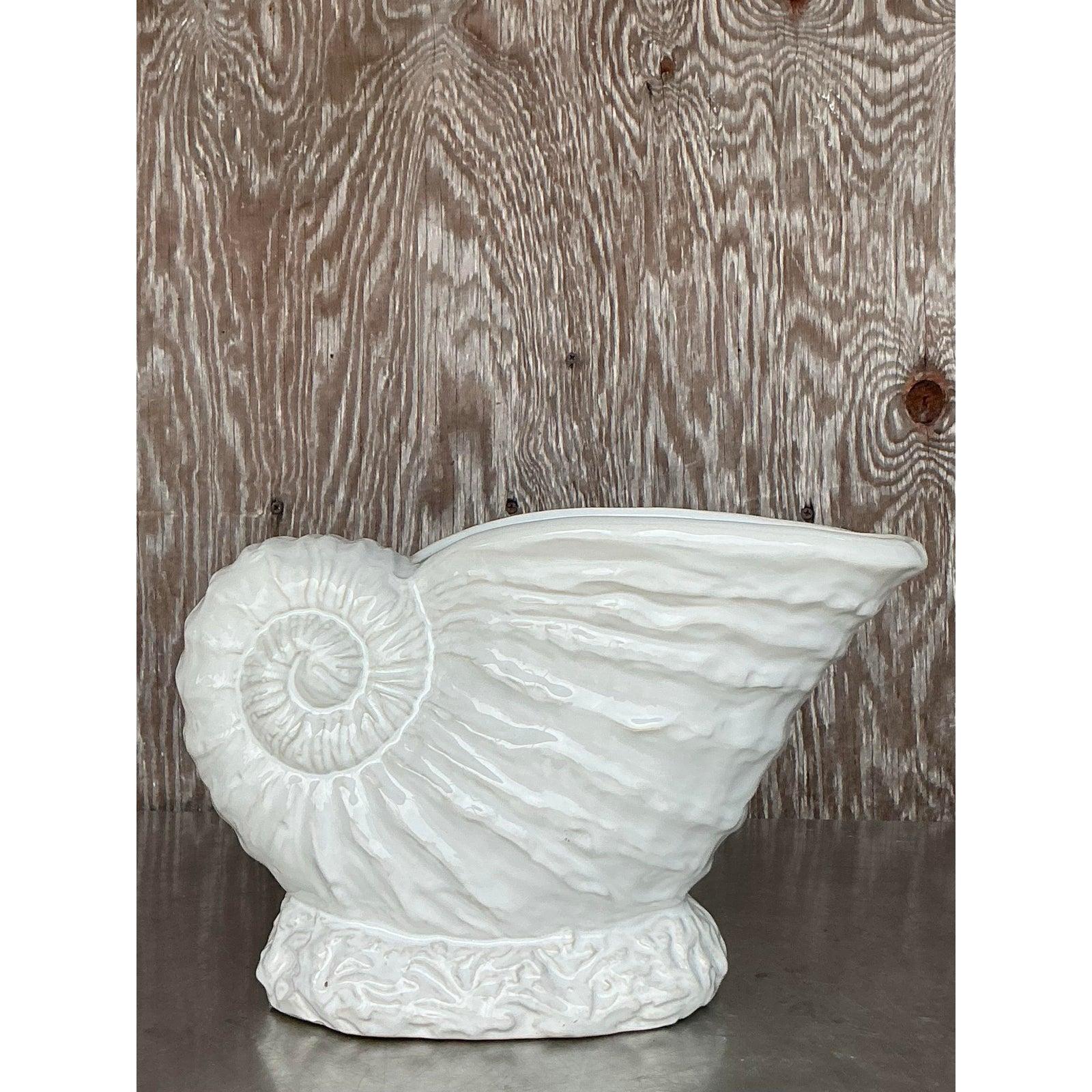 Vintage Coastal Glazed Ceramic Nautilus Shell Planter For Sale at 1stDibs