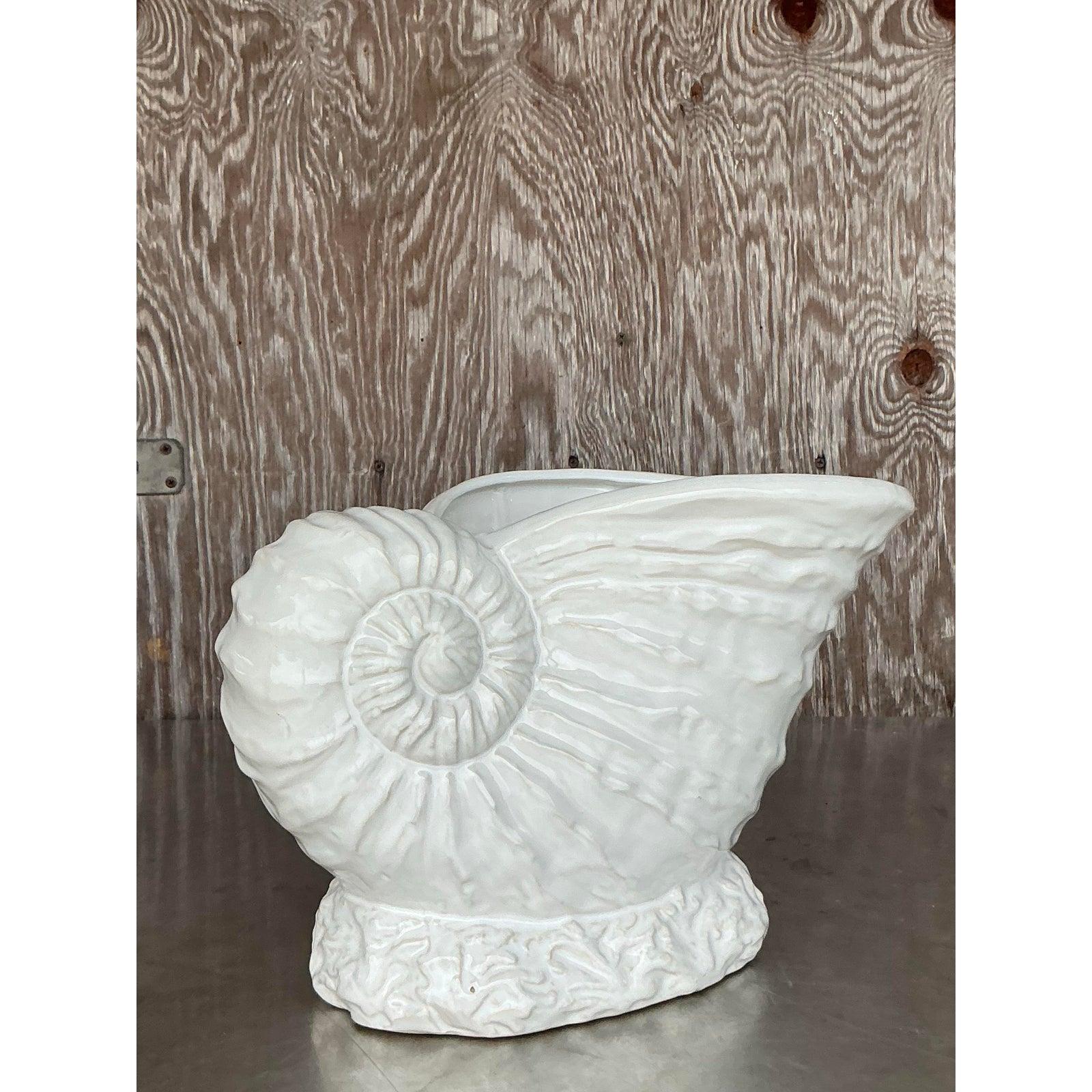 Vintage Coastal Glazed Ceramic Nautilus Shell Planter For Sale at 1stDibs