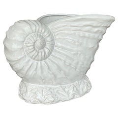 Vintage Coastal Glazed Ceramic Nautilus Shell Planter