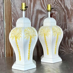 Paire de lampes vintage en céramique émaillée représentant des palmiers