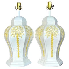 Vintage Coastal Glazed Ceramic Palm Tree Lamps - a Pair