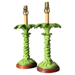 Vintage Coastal Glazed Ceramic Palm Tree Lamps - a Pair