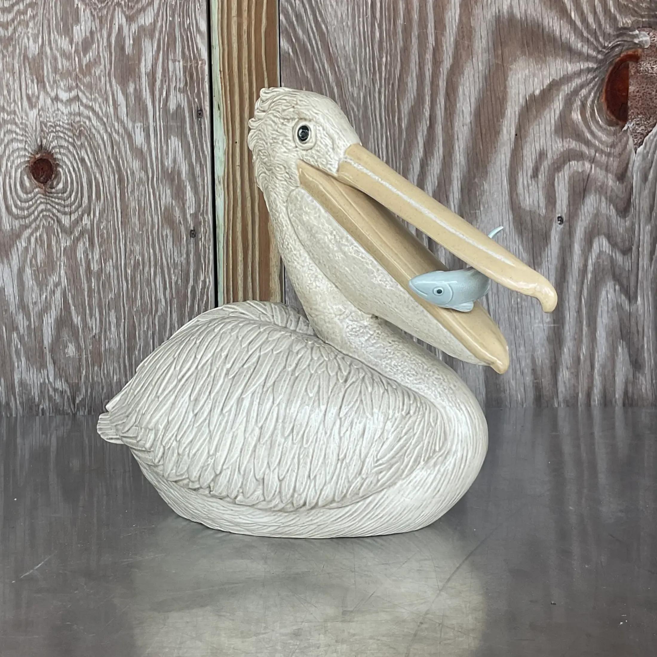 Bohemian Vintage Coastal Glazed Ceramic Pelican For Sale