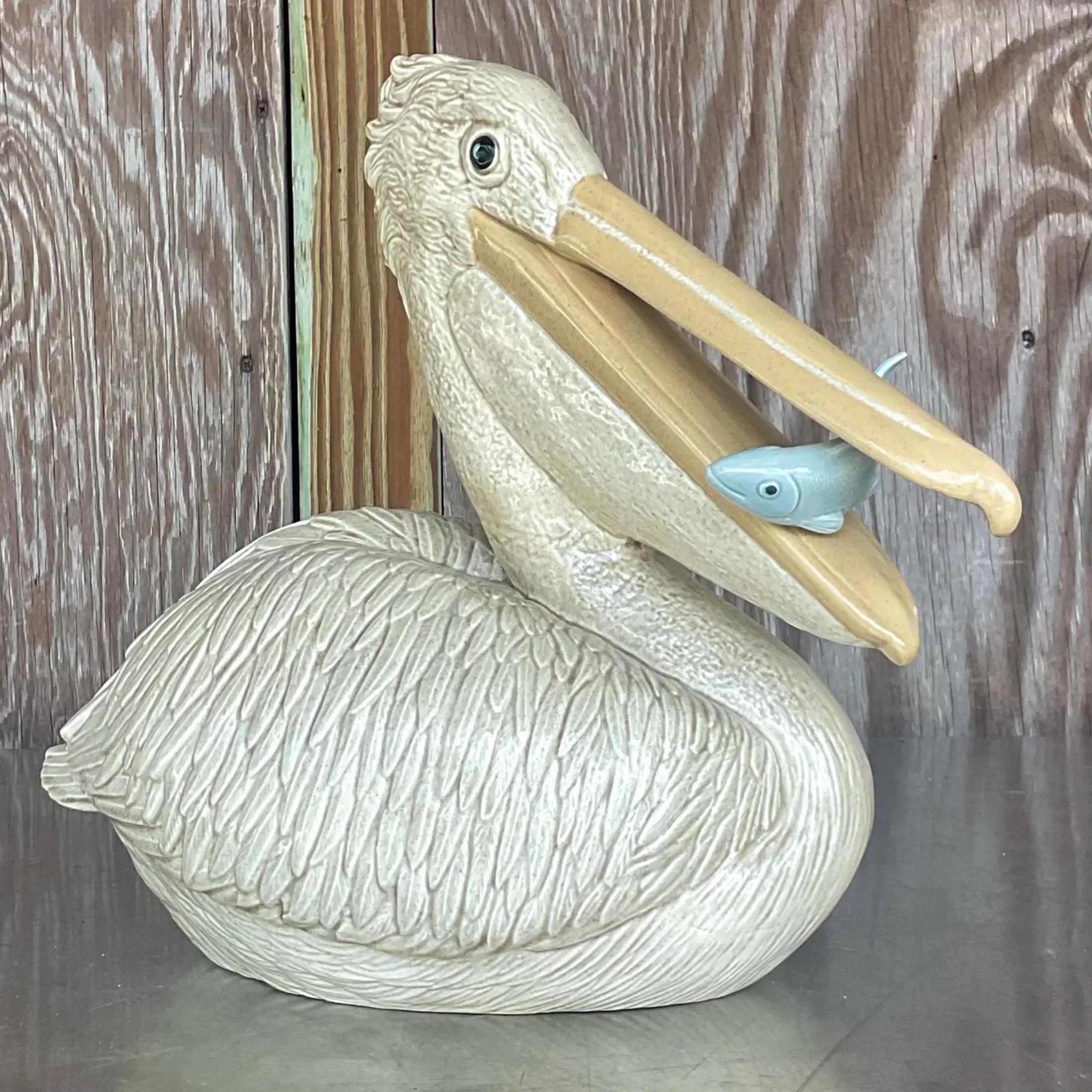 Vintage Coastal Glazed Ceramic Pelican In Good Condition For Sale In west palm beach, FL