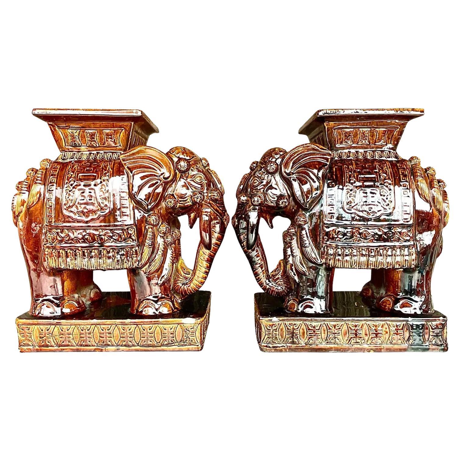Vintage Coastal Glazed Ceramic “Root Beer” Elephant Garden Seats, a Pair