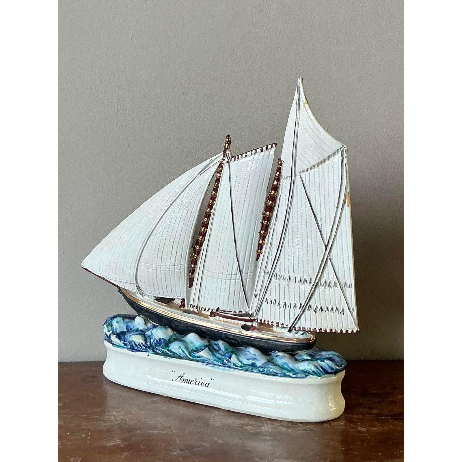 Italian Vintage Coastal Glazed Ceramic Sailboat Decanter For Sale