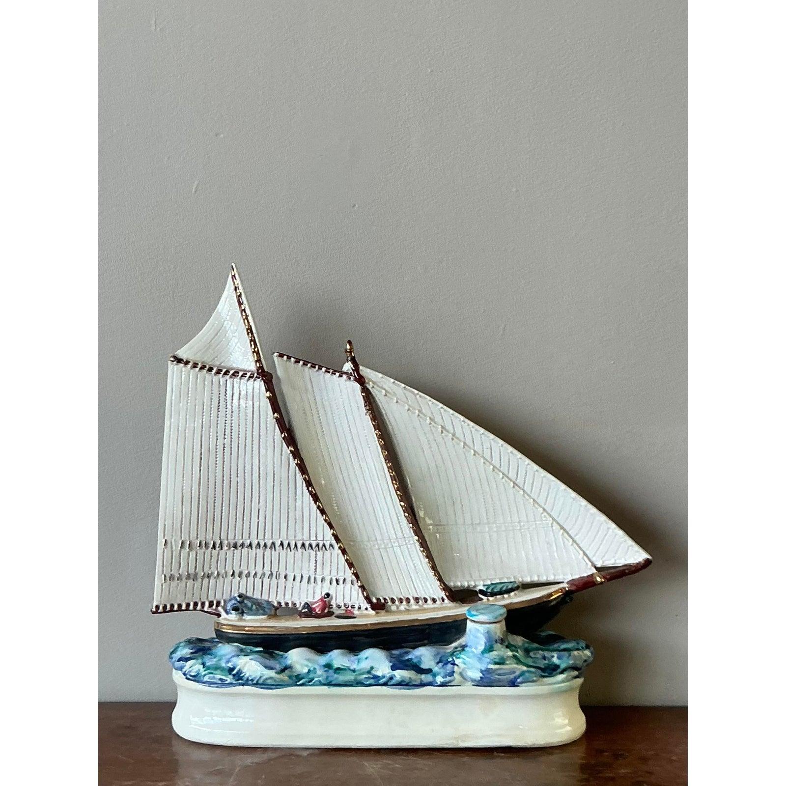 Vintage Coastal Glazed Ceramic Sailboat Decanter In Good Condition For Sale In West Palm Beach, FL