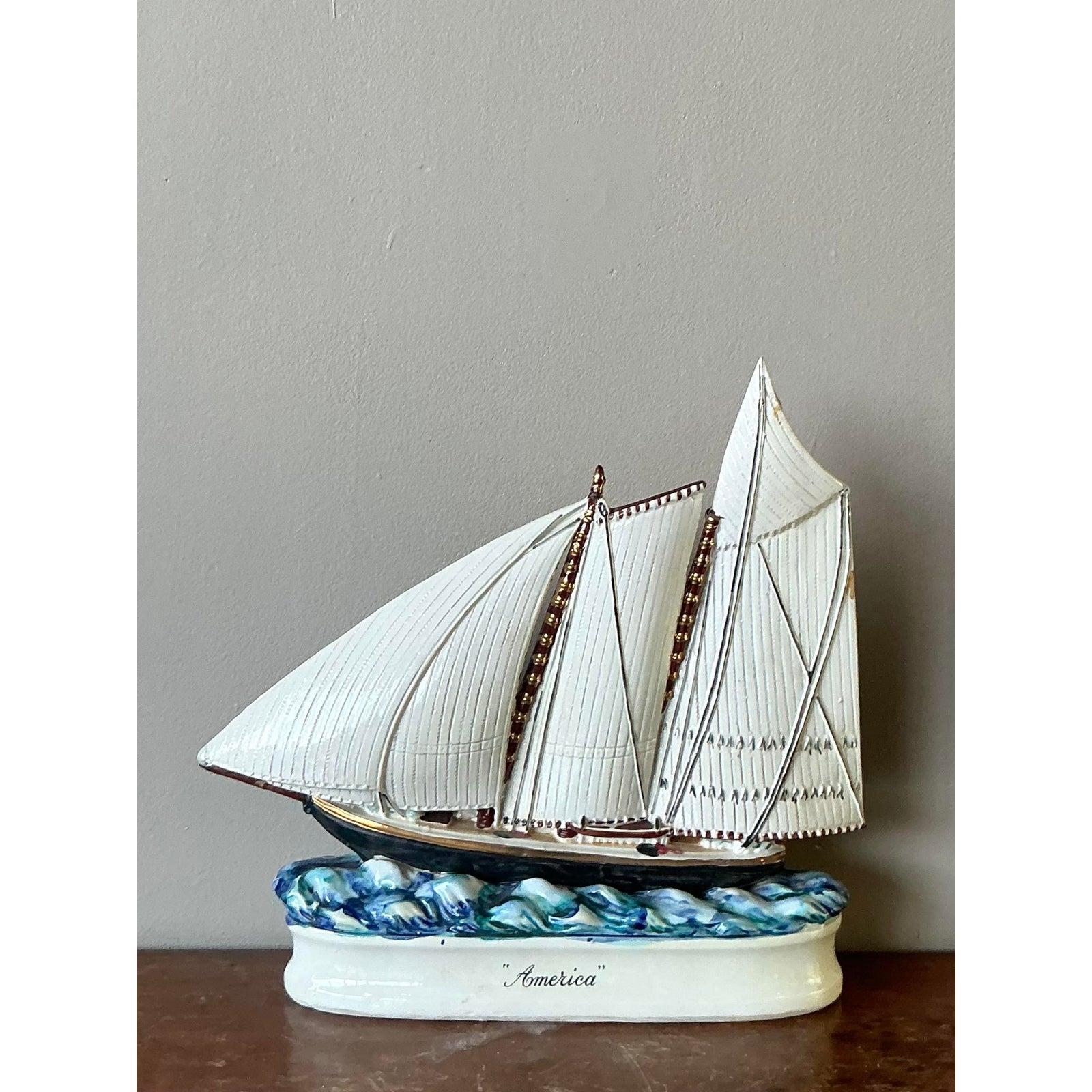 20th Century Vintage Coastal Glazed Ceramic Sailboat Decanter For Sale