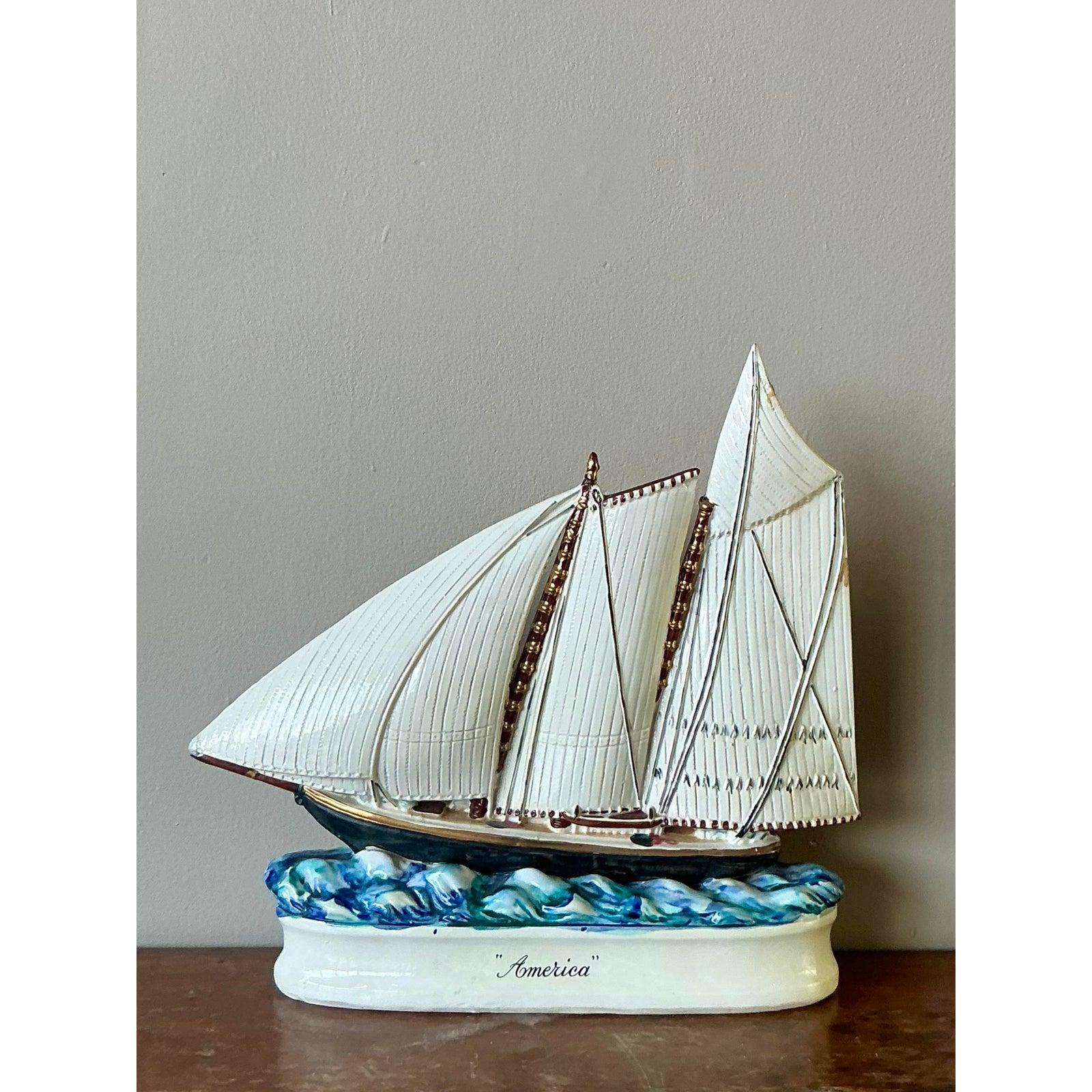 Vintage Coastal Glazed Ceramic Sailboat Decanter For Sale 2