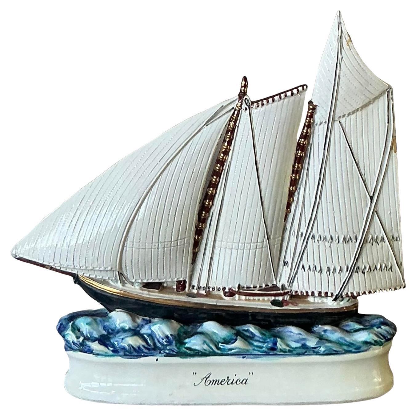 Vintage Coastal Glazed Ceramic Sailboat Decanter