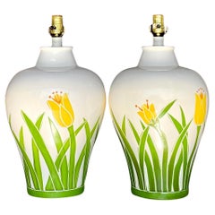 Vintage Coastal Glazed Ceramic Tulip Lamps - a Pair