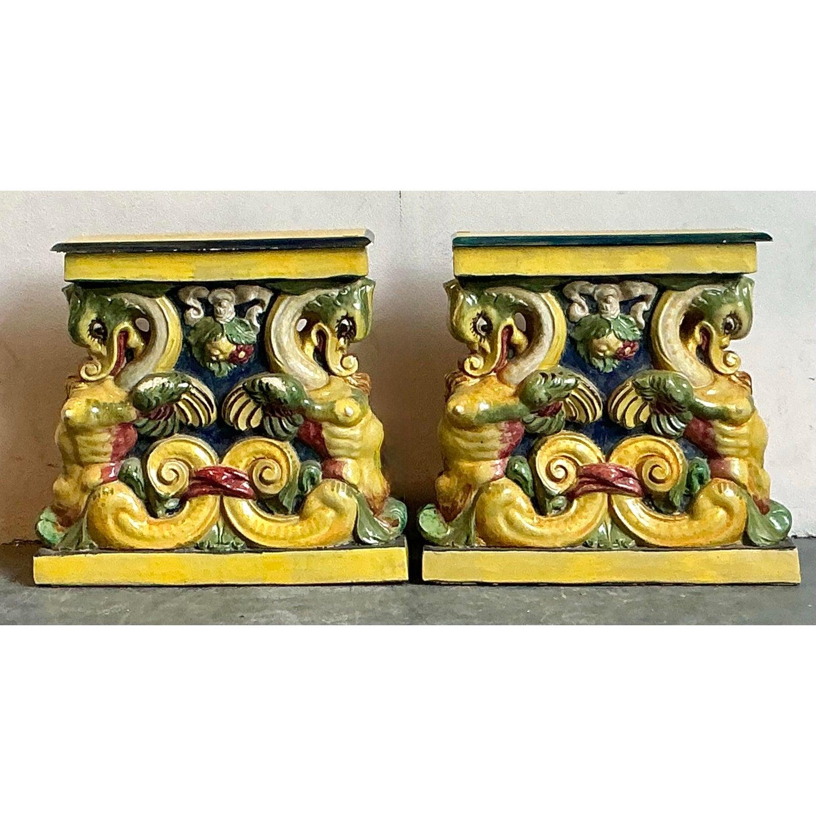 20th Century Vintage Coastal Glazed Terracotta Side Tables - A Pair For Sale