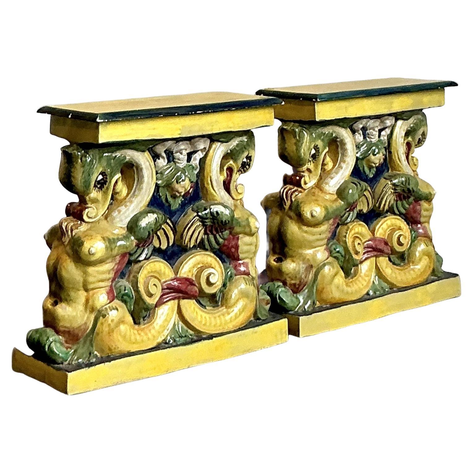 Vintage Coastal Glazed Terracotta Side Tables - A Pair For Sale