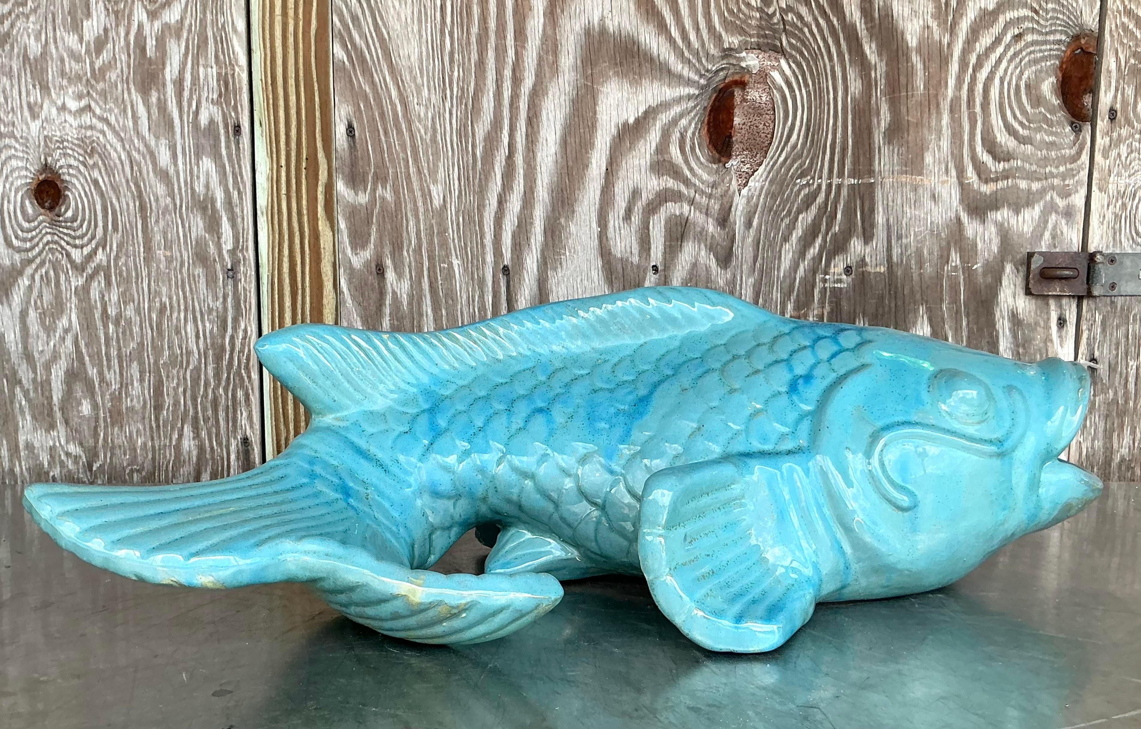 American Vintage Coastal Glazed White Terracotta Fish For Sale