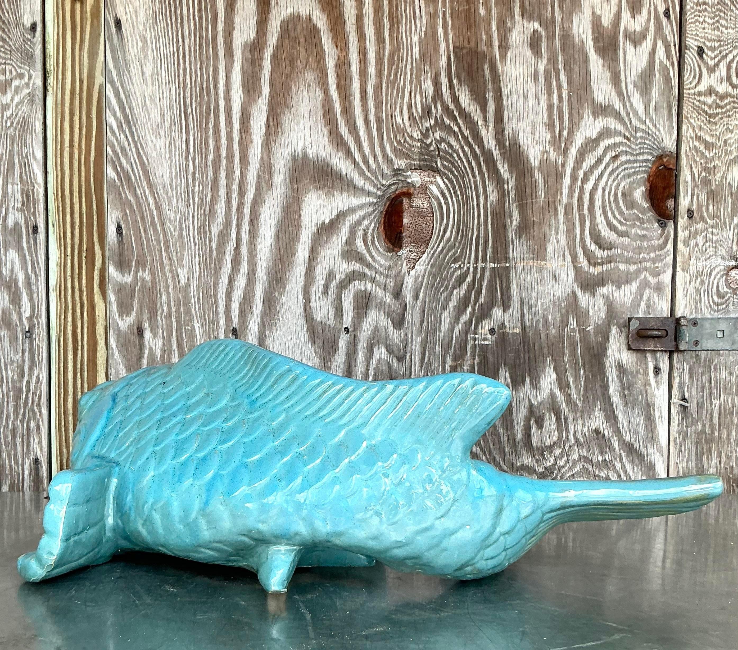 Vintage Coastal Glazed White Terracotta Fish In Good Condition For Sale In west palm beach, FL