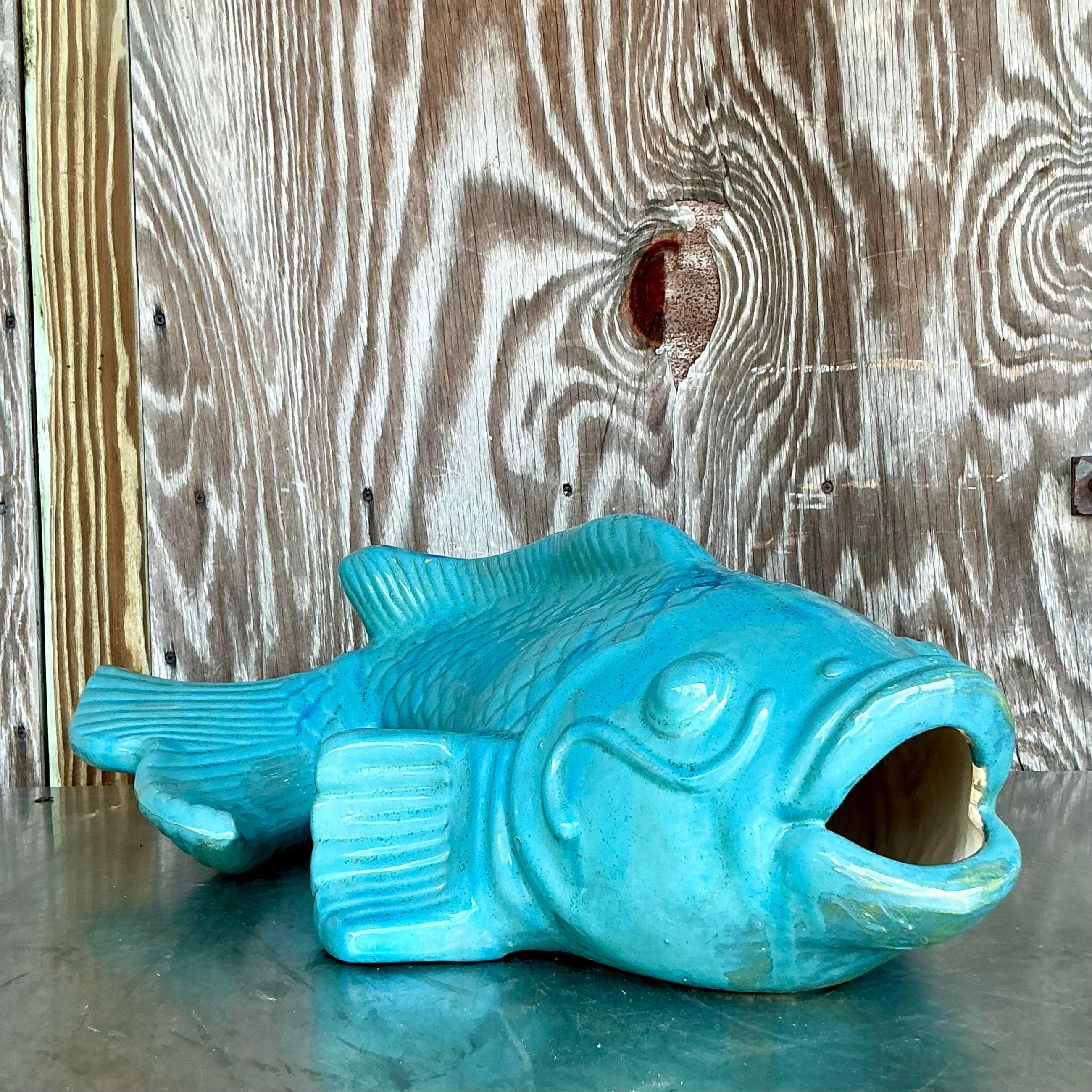 20th Century Vintage Coastal Glazed White Terracotta Fish For Sale