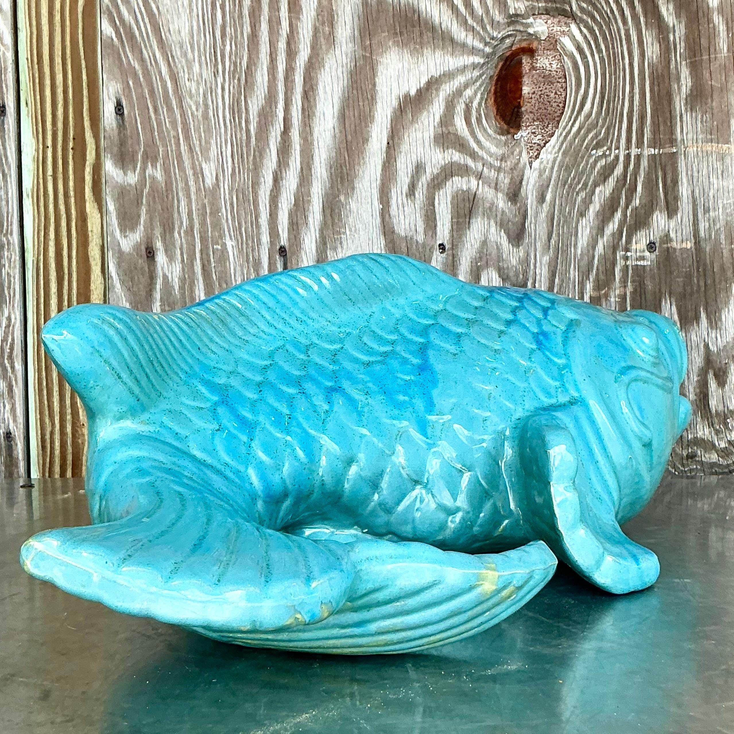 Ceramic Vintage Coastal Glazed White Terracotta Fish For Sale