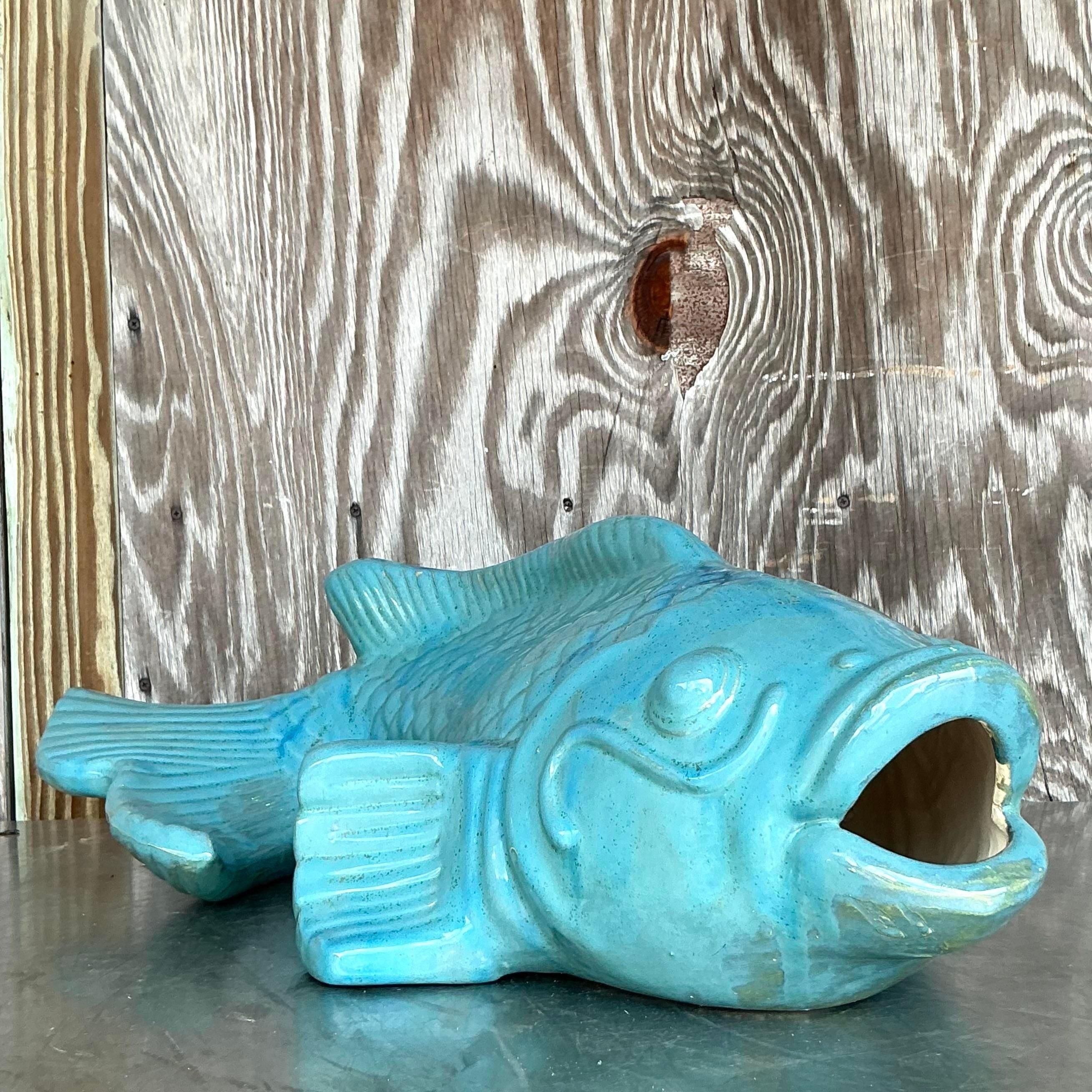 Vintage Coastal Glazed White Terracotta Fish For Sale 1