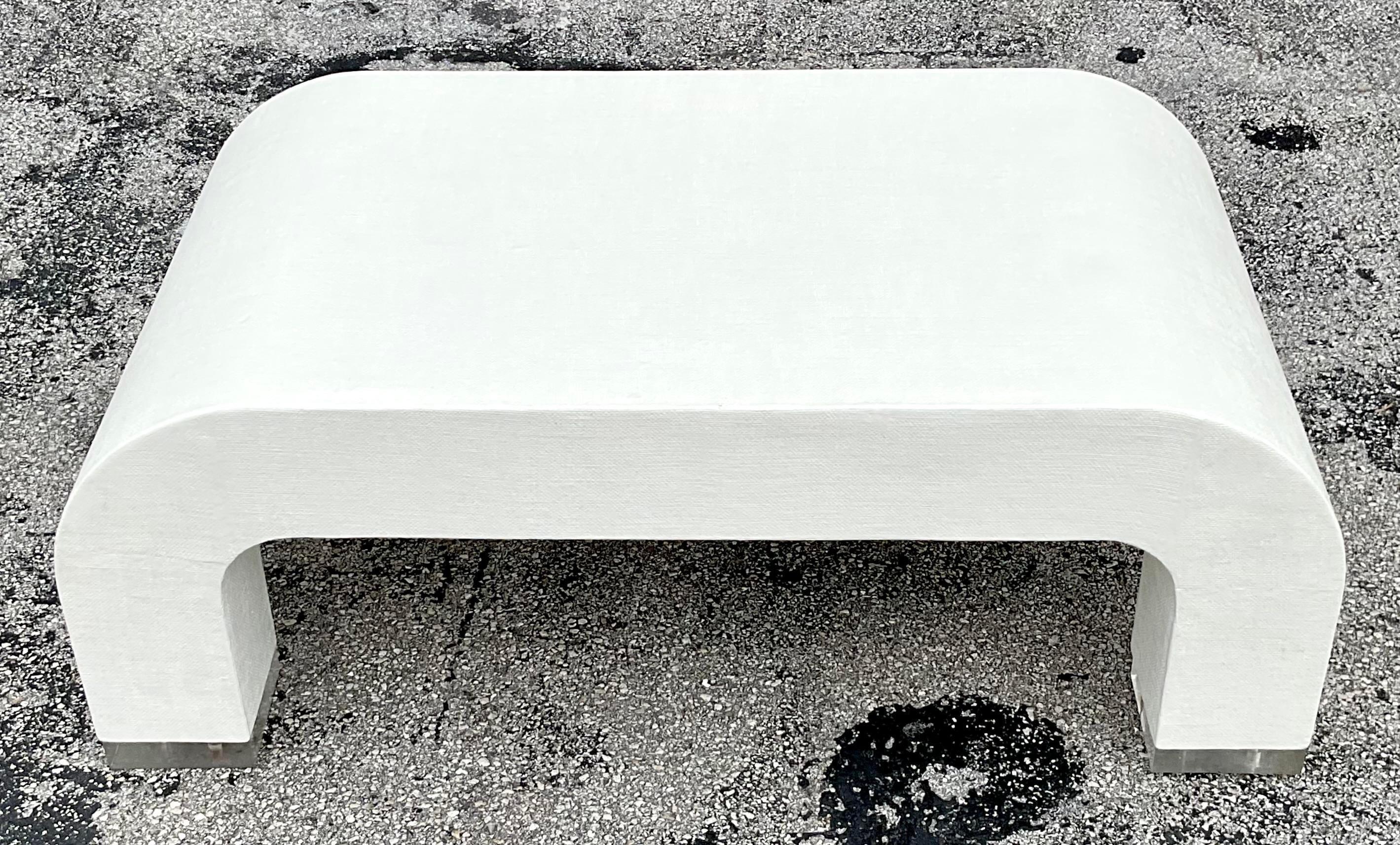 Vintage Coastal Grasscloth and Lucite Waterfall Coffee Table In Good Condition For Sale In West Palm Beach, FL