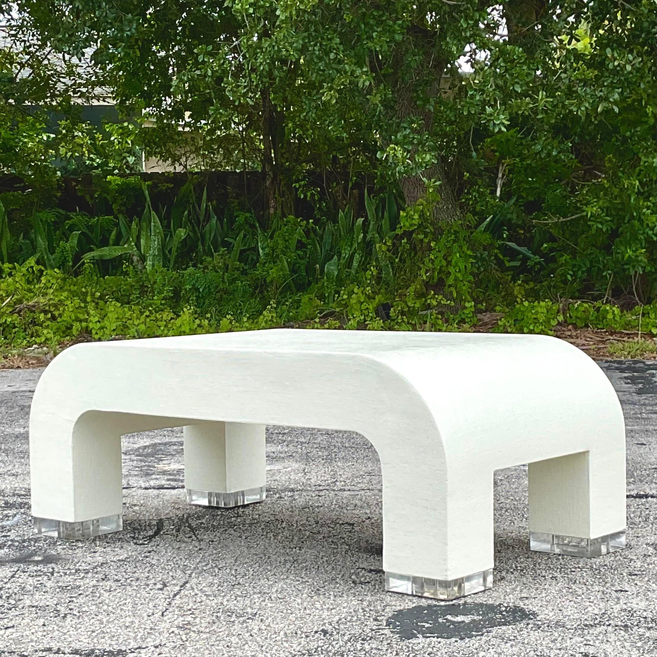 20th Century Vintage Coastal Grasscloth and Lucite Waterfall Coffee Table For Sale