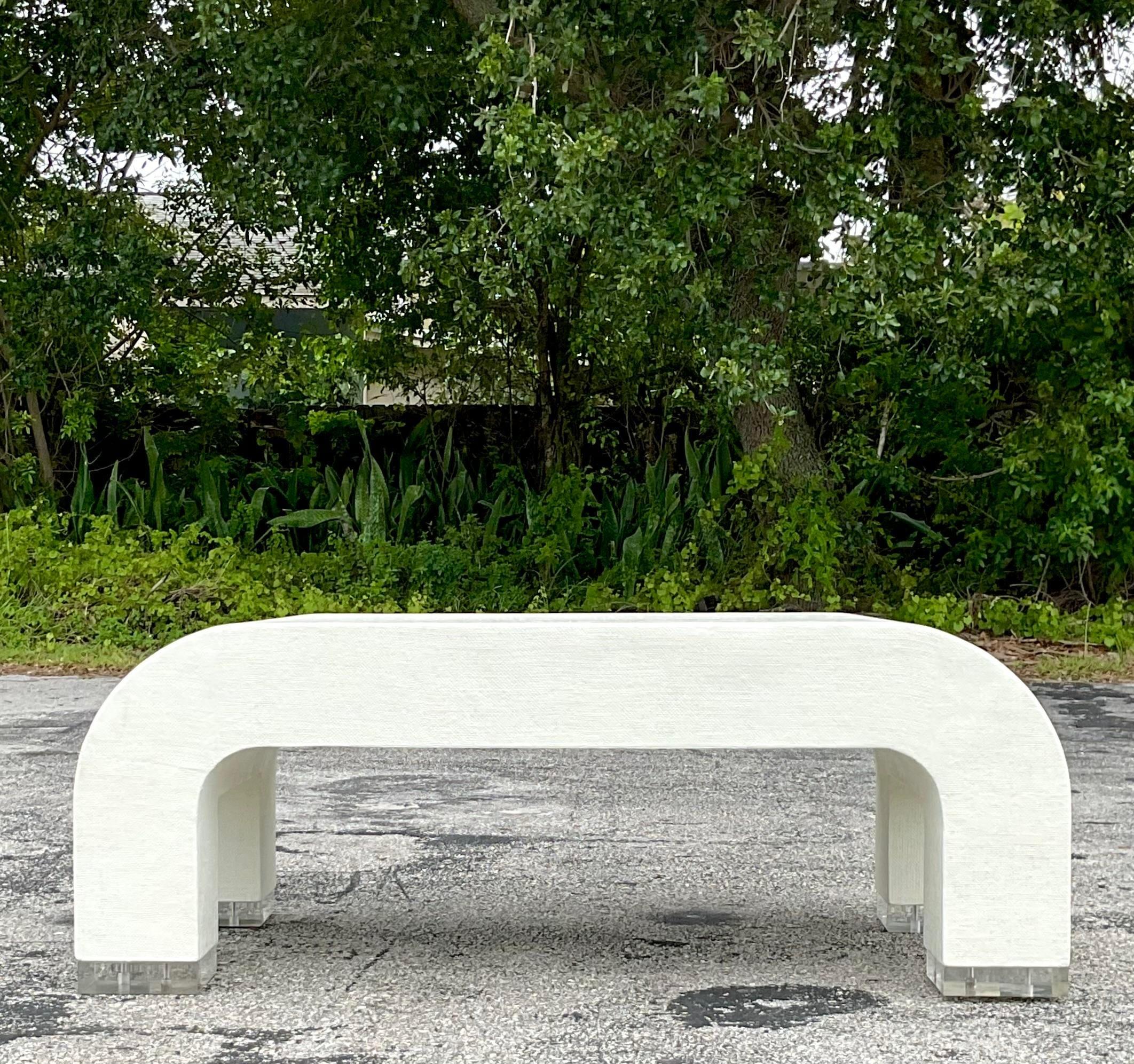 Seagrass Vintage Coastal Grasscloth and Lucite Waterfall Coffee Table For Sale