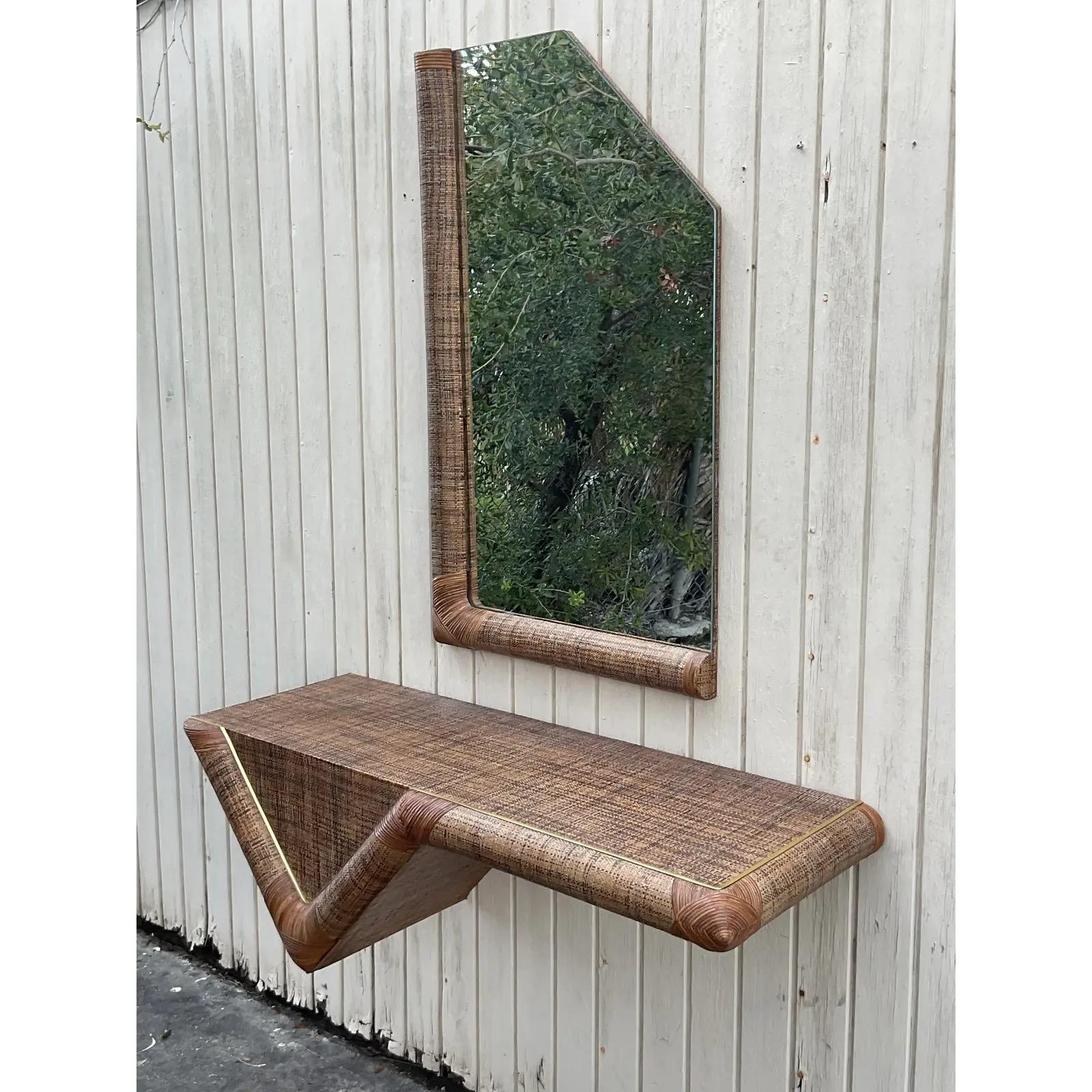 Philippine Vintage Coastal Grasscloth Hanging Console Table and Mirror Set