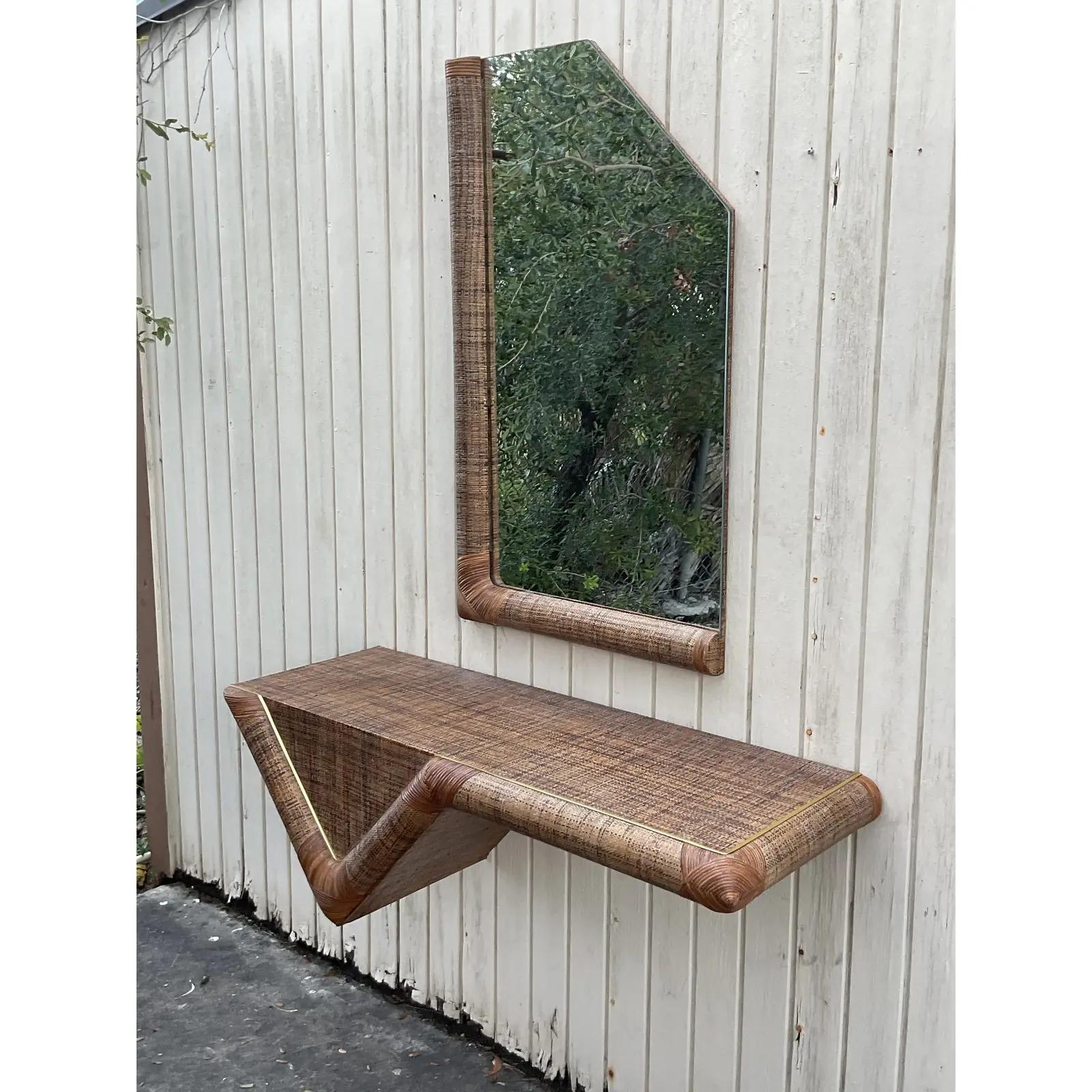 Vintage Coastal Grasscloth Hanging Console Table and Mirror Set In Good Condition In west palm beach, FL