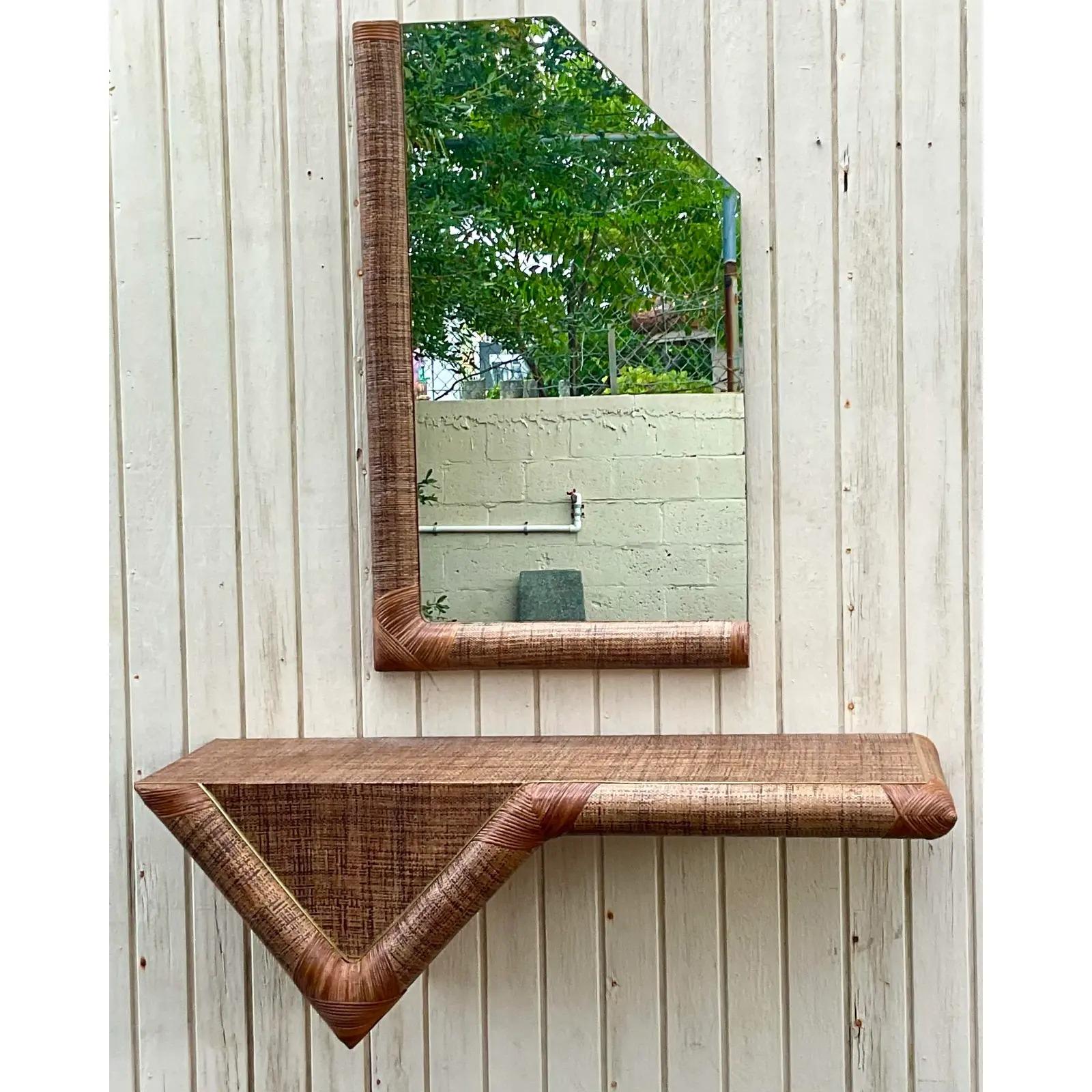 Late 20th Century Vintage Coastal Grasscloth Hanging Console Table and Mirror Set