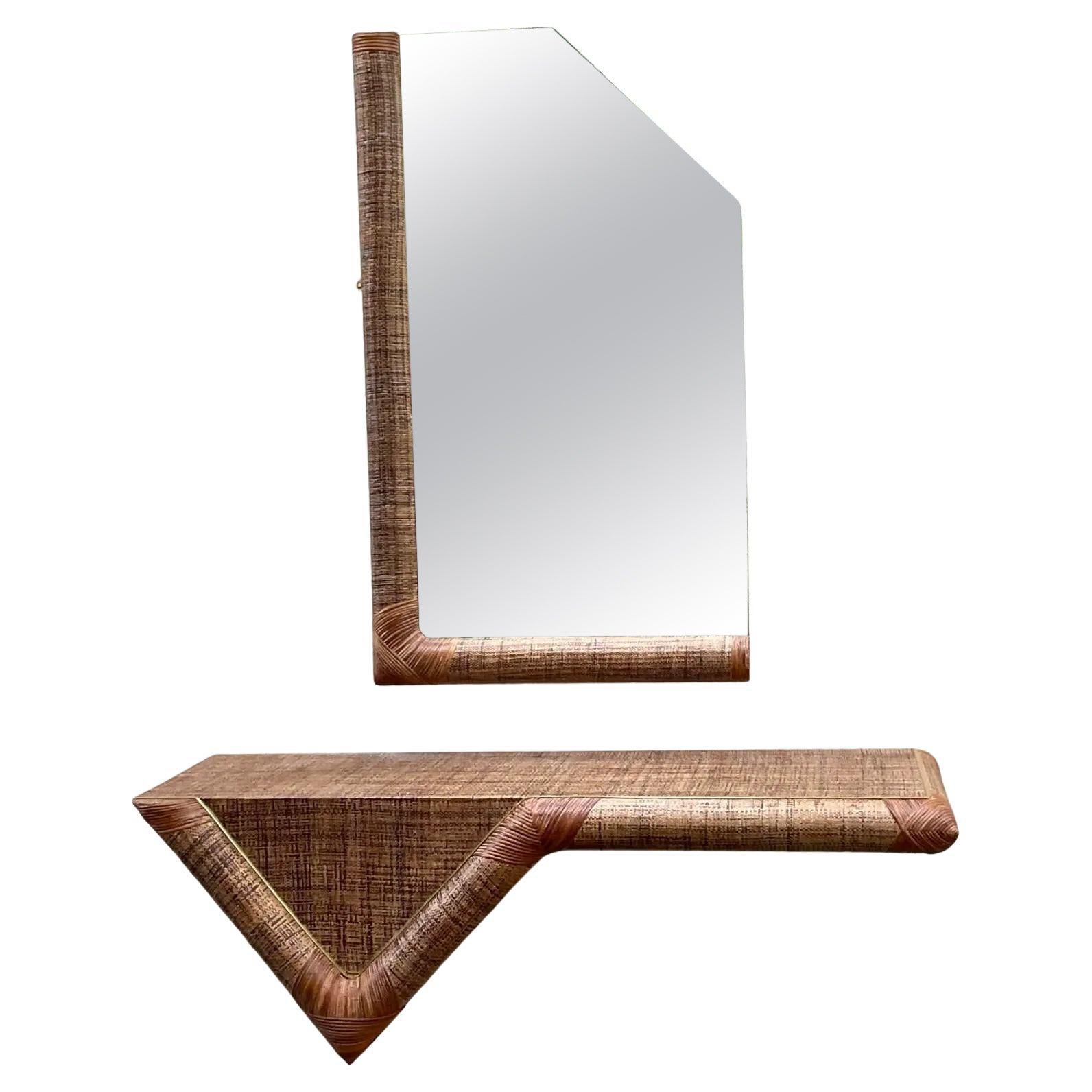 Vintage Coastal Grasscloth Hanging Console Table and Mirror Set