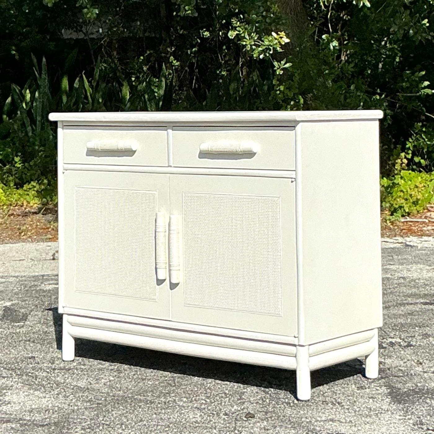 American Vintage Coastal Grasscloth Panel Sideboard After Ficks Reed For Sale