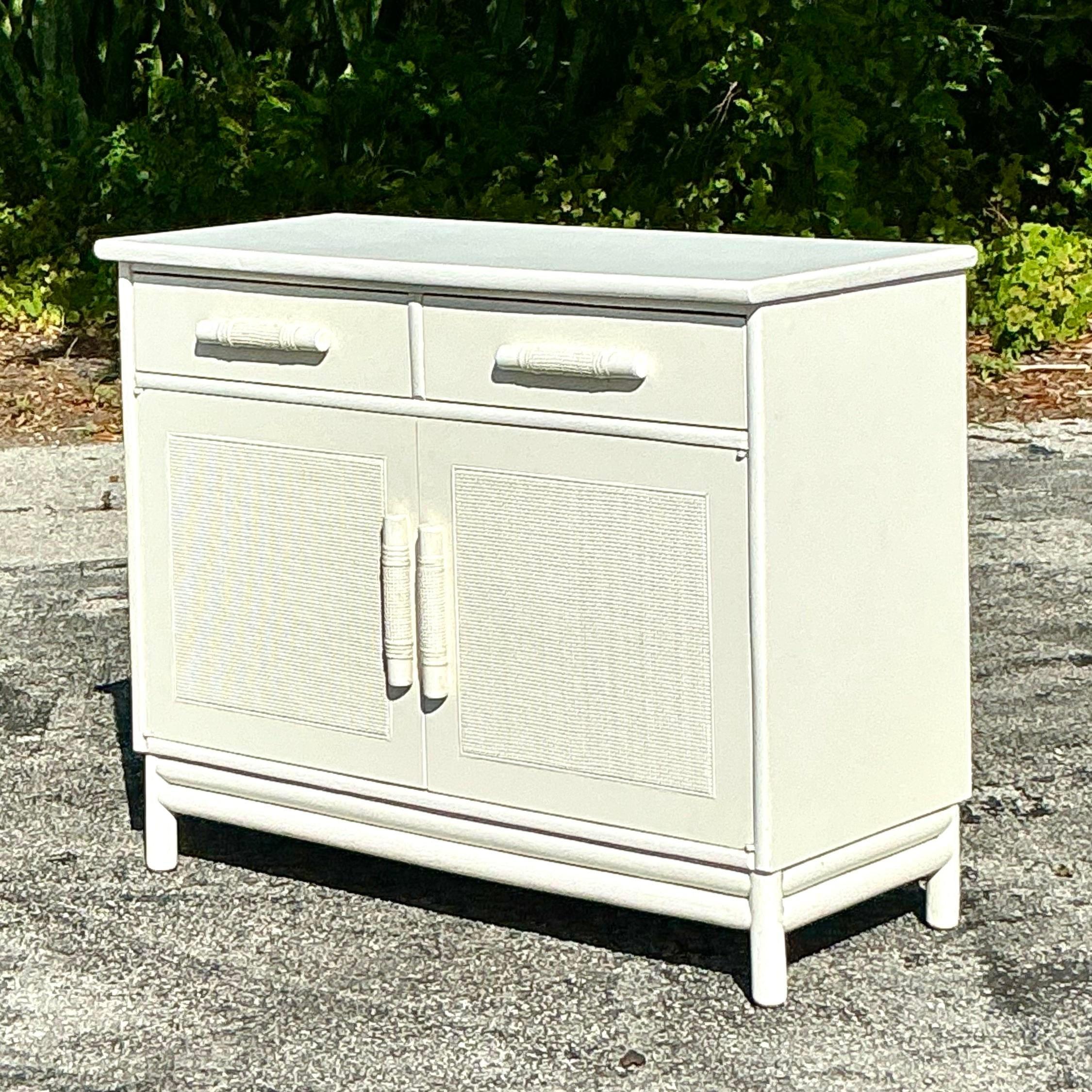 20th Century Vintage Coastal Grasscloth Panel Sideboard After Ficks Reed For Sale