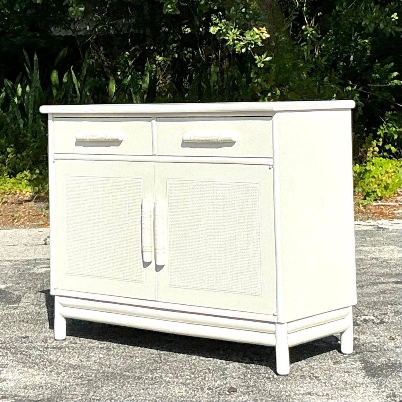 Vintage Coastal Grasscloth Panel Sideboard After Ficks Reed For Sale 1