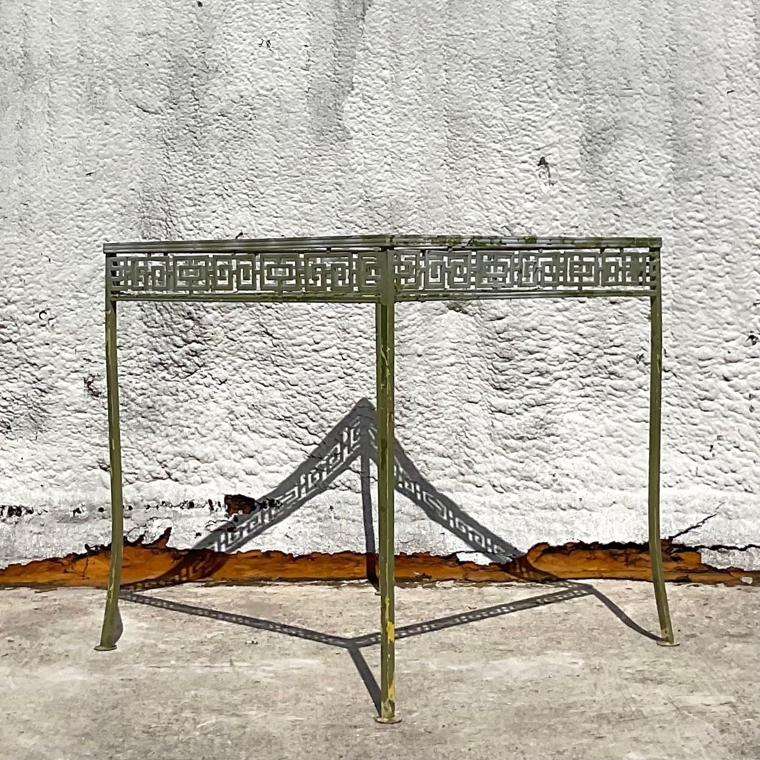 American Vintage Coastal Greek Key Wrought Iron Dining Table & 4 Chairs