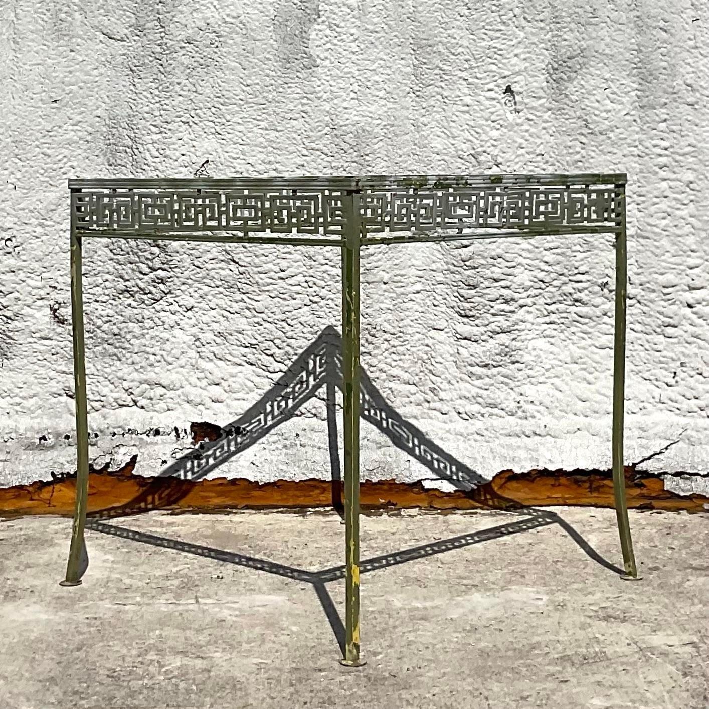 Glass Vintage Coastal Greek Key Wrought Iron Dining Table & 4 Chairs