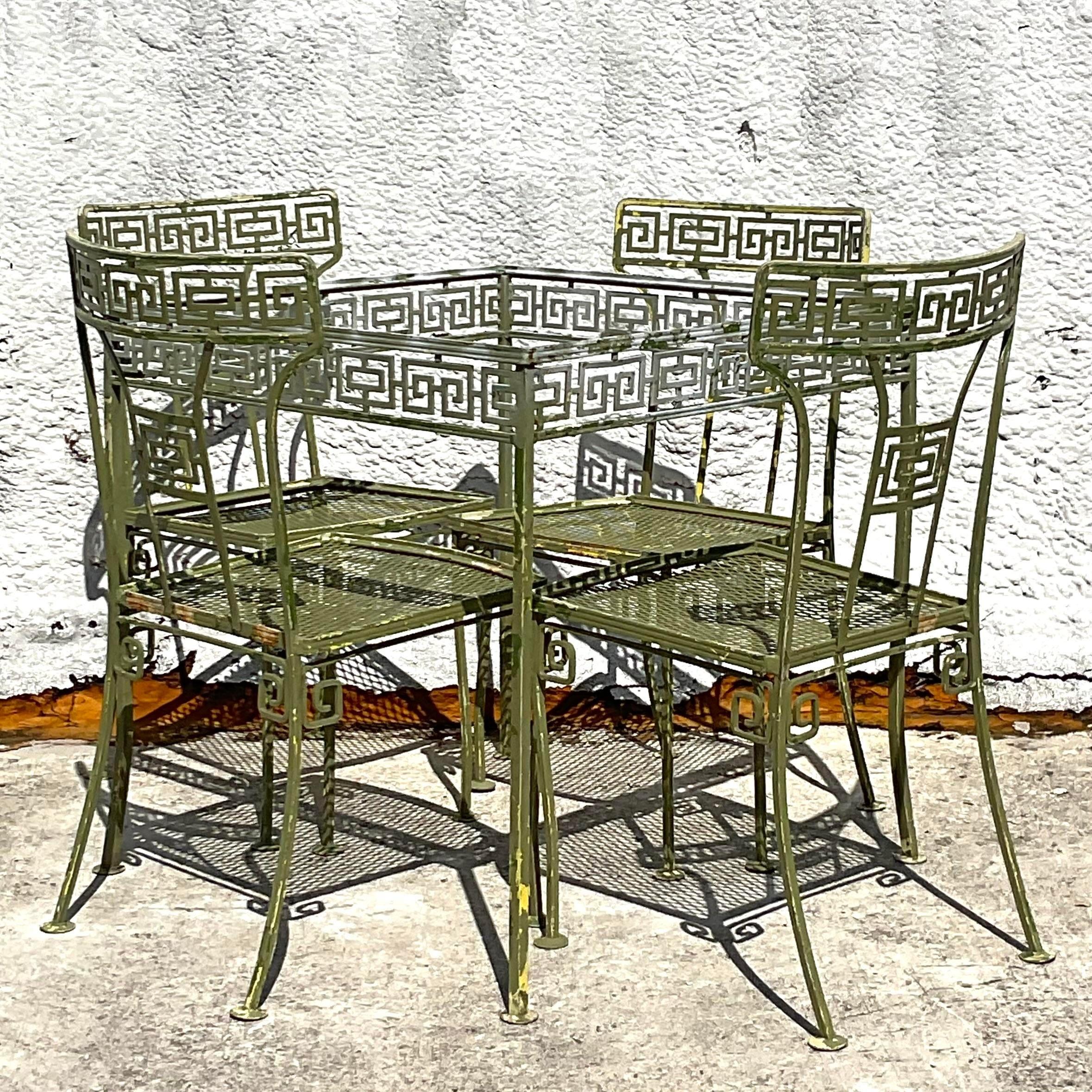 Vintage Coastal Greek Key Wrought Iron Dining Table & 4 Chairs 1